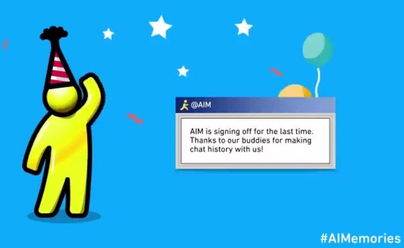Official AIM farewell graphic with the Running Man and a final instant-message window.