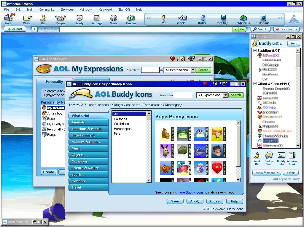AOL My Expressions window with categories and a grid of SuperBuddy choices beside a Buddy List.
