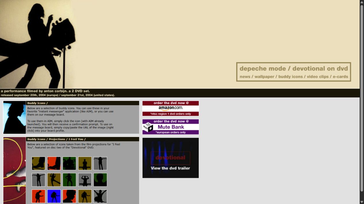 Depeche Mode Devotional webpage with fifteen themed buddy icons and AIM installation instructions.
