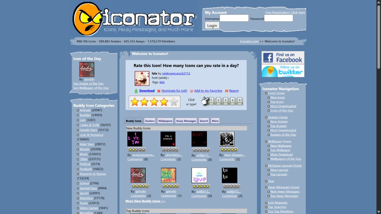 Iconator legacy interface with buddy-icon categories, ratings, contributor names, and comments.