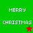 Four pixelated display "MERRY CHRISTMAS" text with star symbols on green and red backgrounds, split by a vertical line