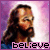 nine identical pixelated images showing a bearded figure with long hair against a purple gradient background, each labeled 'believe' at the bottom