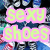 Pixelated image with pink and green text over a background of small, colorful objects.