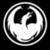 Circular black-and-white icon with a pixelated border, featuring two stylized white shapes resembling abstract eyes or symbols against a dark background.