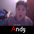 Animated contact sheet of a person in a room with repeated text overlays cycling through "Andy" and "is my hero" on black bars below each frame.