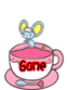 Animated icon shows a pink teacup with saucer, red 'Gone' text on cup, blue mouse atop cup in first frame, and My Melody character replacing mouse in second frame.