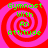 Four identical pixelated spiral patterns with red and pink concentric rings and green text reading "Gymnast With An Attitude" arranged in a