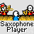 Animated contact sheet showing six frames of a pixel art saxophone player character in red uniform with yellow accents, performing on a stage-like platform with blue figures and musical notes.