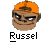 Pixelated cartoon head with orange cap and brown skin, wearing dark sunglasses, below text reading 'Russel' in blocky font.