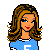 Pixel art contact sheet showing a female character in blue shirt with number 5, dark pants, and long brown hair across multiple poses including full-body walking, side view, and partial torso.