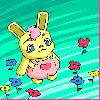 Animated bunny with pink bow and overalls on teal striped background, surrounded by small flowers.