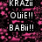Pixelated text reads KRAZii, OLiE!!, BABii!! over a black background with pink pixel clusters.