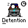 Animated contact sheet of a detention-themed buddy icon showing eight sequential frames with a cartoon student at a desk, clock icons, and changing 'Zzz' text.