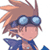 Pixelated cartoon character with brown hair, blue goggles, and a blue outfit against white background.