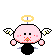 Pixel art character with pink or black body, white wings, yellow halo, and small red dots on cheeks; transitions between forms including explosion effects.