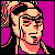 Pixelated static image of a character with light skin, dark hair in a ponytail, and sunglasses against a solid purple background.