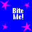 Blue background with pink star shapes and white text reading "Bite Me!" in four locations.