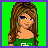Pixelated character with long brown hair wearing green top and khaki pants holding a teal bag against bright green background.