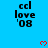 Blue background with repeated 'ccl love '08' text and red pixel hearts; gray rectangle appears in bottom-right corner.