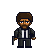 Pixel art character with brown hair and beard, wearing dark jacket over white shirt and tie, holding object in left hand against gray background.