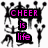 Pixelated icon shows 'CHEER is life' text with pink letters on black blocks, surrounded by abstract gray figures against white background.