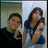 Two people pose together in a split- composition with one person making a peace sign gesture
