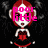 Pixelated character with red hair and white face, wearing a black dress with red accents, standing against dark background with gray smoke-like shapes.