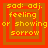 Four identical pixelated squares with orange and red borders display the text "sad: adj. feeling or showing or showing sorrow" in yellow font.