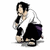 Pixelated character crouching with hand near mouth, wearing white shirt and dark pants with purple stripe.