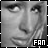 Black-and-white pixelated image of a person's face with visible eyes, nose, mouth, and hair strands; text "FAN" in block letters at bottom right.