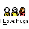 Animated contact sheet showing 12 sequential frames of a pixel art buddy icon with two stick figures hugging, displayed on gray background with repeated "I Love Hugs" text below each frame.