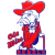 Pixelated red and blue mascot figure wearing a large red hat, holding a staff with a heart-shaped top, standing on a base with visible text.