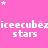 Pink background with white pixelated text repeating 'iceecubezice' and 'stars', scattered small stars, gray rectangle in bottom right corner.
