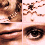 pixelated facial sections showing eyes, lips, and a full face with curly hair against dark background