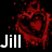 Four red heart-shaped splatters with the name "Jill" in varying colors and styles on a black background.