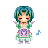 Pixel art character with teal hair and green dress holding a purple object, surrounded by colored musical notes.
