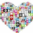 A heart-shaped collage of small, pixelated images in various colors including pink, blue, green, orange, and gray.
