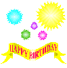 Yellow banner with red text 'HAPPY BIRTHDAY' and colorful starburst shapes in blue, green, yellow, purple, pink on gray background.