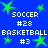 Blue background with green star shapes and white text reading "SOCCER #28" and "BASKETBALL #3" in a pattern