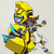 Yellow armored character with blue accents holding a weapon, standing on light background.