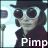 Pixelated static image of a character wearing dark sunglasses and a hat with the word "Pimp" in white text at the bottom, set against a light blue background with a microphone on the left side.