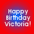Four identical pixelated text icons arranged in a on red background with blue gradient center, each displaying 'Happy Birthday Victoria!' in white block letters