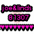 Pixelated graphic with pink text 'joe&linds' above black-outlined numbers '81307', and a bottom border of repeating pink hearts on white background.