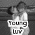 Pixelated grayscale image of a person with dark hair in a white sleeveless top, overlaid with text reading 'Young' and 'Luv' on a white rectangular background.