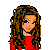 Pixel art character in red crop top and blue jeans with red dot details, shown from full body to partial views