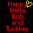 Red pixelated text 'Happy Bella Bob and Tuckker' on black background with yellow heart symbol above 'Happy', animated to show static version.