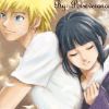 Two anime characters embrace; one has blonde hair and white clothing, the other dark hair and purple clothing with a white collar.