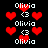 Pixelated red hearts and white text 'Olivia' with '<3' symbols on a black background, animated with heart size and position changes.