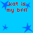 Blue background with red text 'kat is my bfll' and blue star shapes in four quadrants, static display.