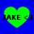 Four identical green heart-shaped icons with black text 'JAKE <3' overlaid on a solid blue background, arranged in a